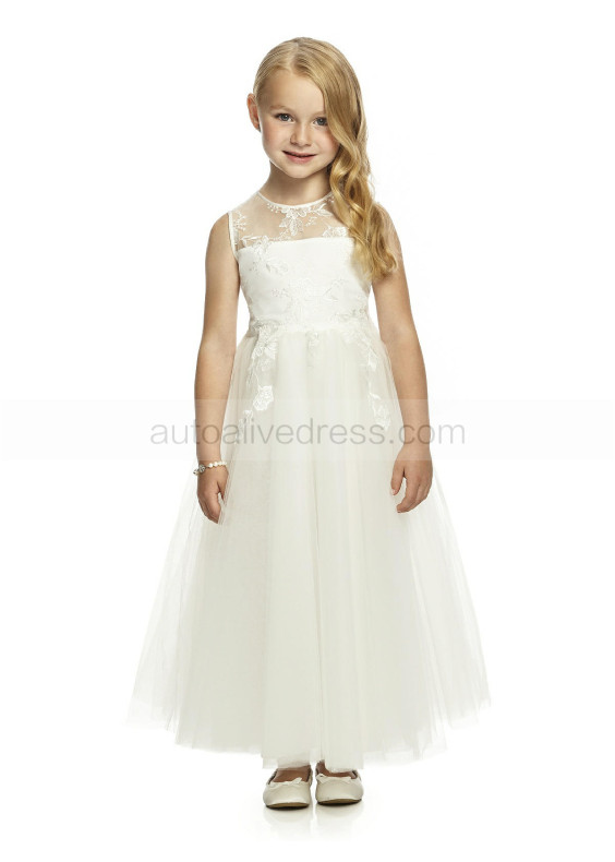 Ivory Lace Tulle Slit Back Gorgeous Junior Bridesmaid Dress